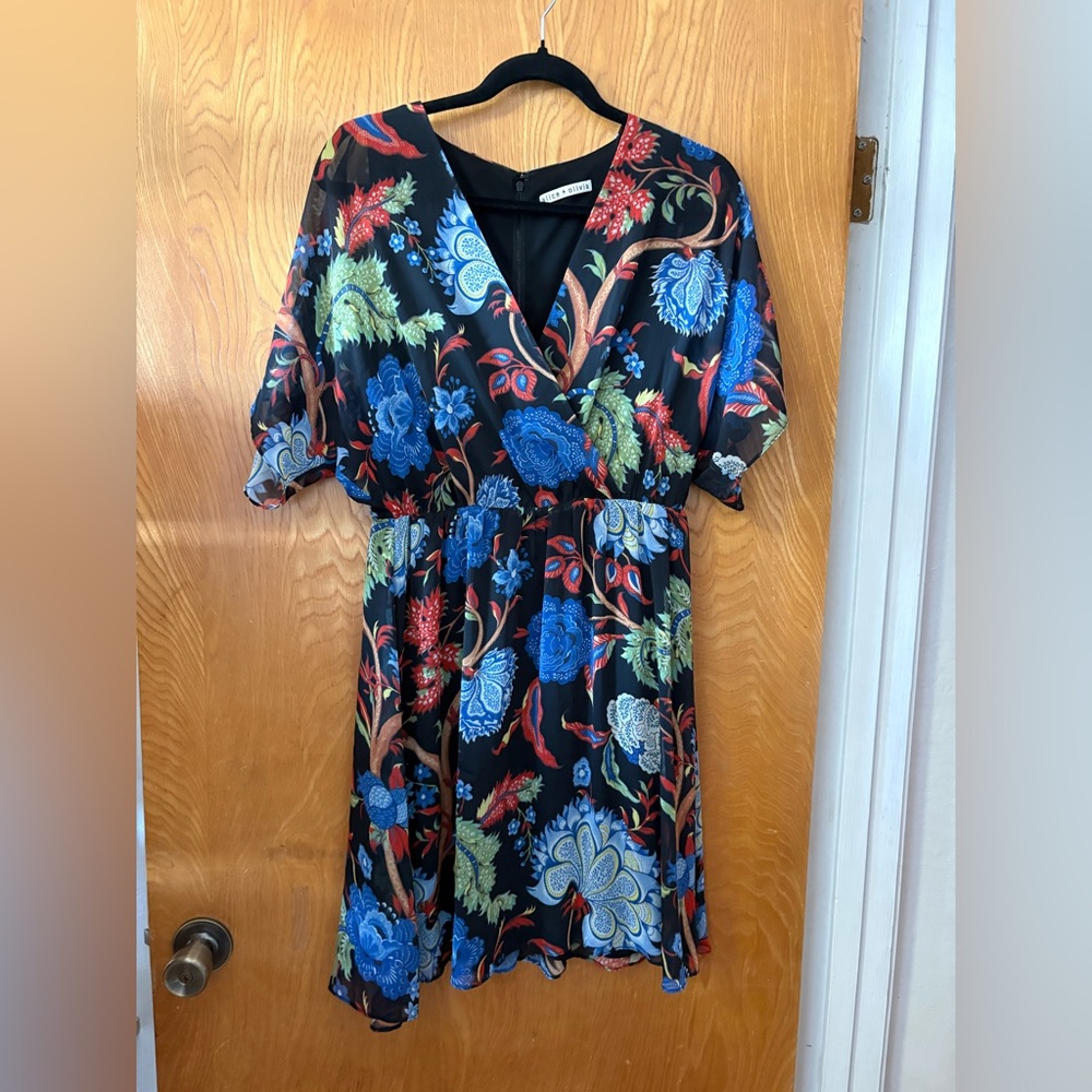 Alice + Olivia Black Dress with Red and Green Floral Pattern L
